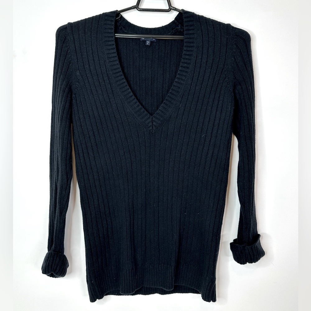 Gap Sweater  Women's XL Luxe Ribbed Knit V Neck Long Sleeve‎ Black Angora Blend